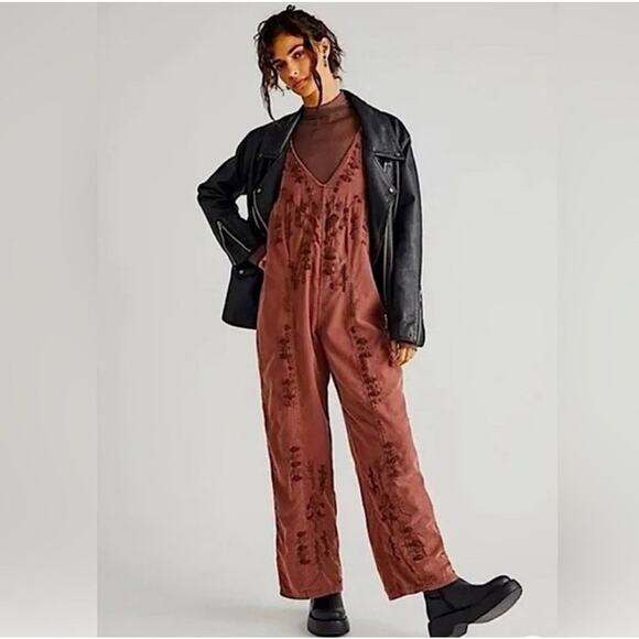 FREE PEOPLE Where I’m Going One Piece Embroidered Corduroy Jumpsuit Size Large